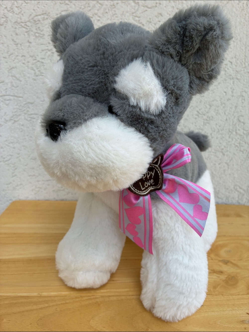 Schnauzer stuffed animal plush Gray and white dog stuffie with a puppy love bow